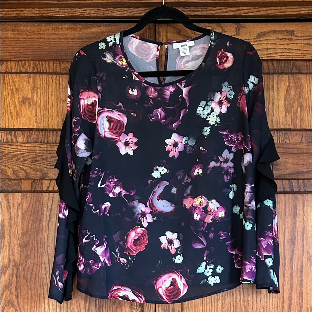 Bar III Black Floral Long Sleeve Blouse